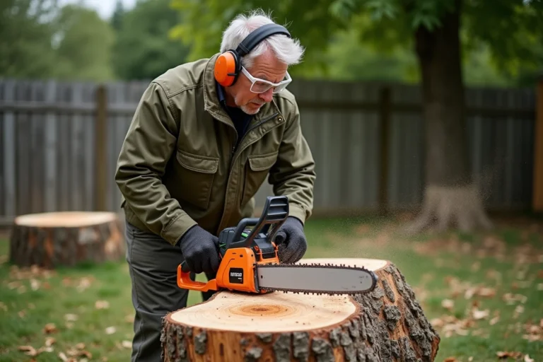 Homme utilisant une tronçonneuse électrique Teccpo pour couper une bûche de chêne dans un jardin