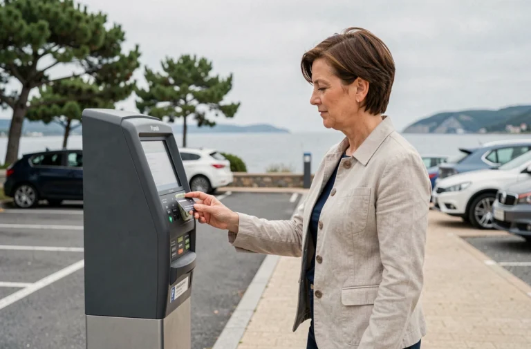 Femme utilisant un horodateur dans un parking proche de la presqu'île de Conleau à Vannes