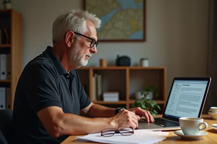 Hôte Airbnb consultant les documents de dédommagement sur son ordinateur dans un bureau à domicile