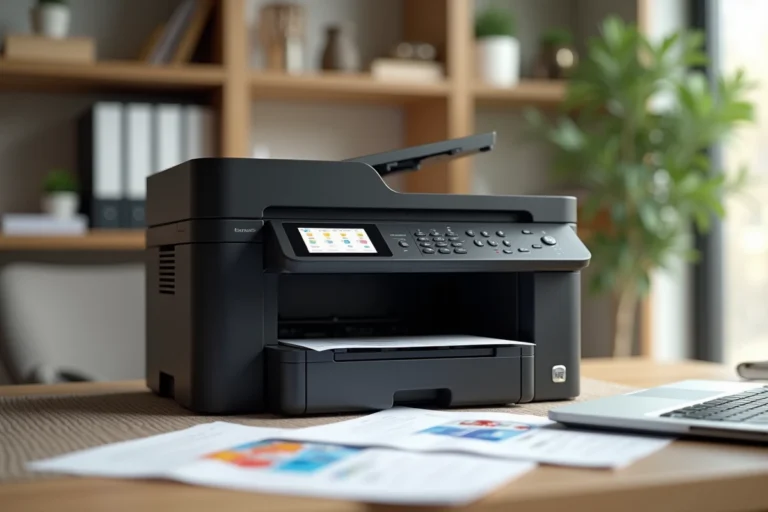 Imprimante multifonction couleur Brother MFC-L3770CDW posée sur un bureau en bois avec des documents imprimés et un ordinateur portable en arrière-plan