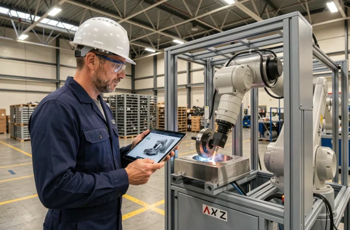 Ingénieur supervisant un robot cartésien XYZ lors d'un contrôle qualité dans une usine de pièces automobiles