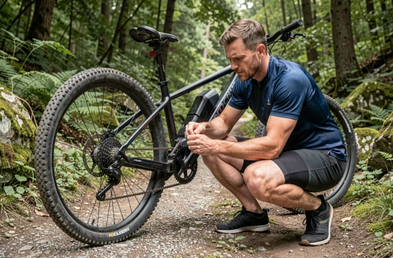 Cycliste inspectant le dérailleur d'un VTT électrique Rockrider E-ST 900 sur un sentier forestier