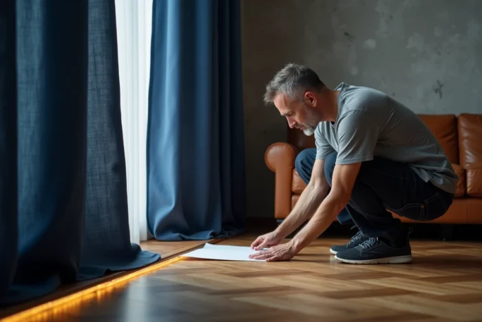 Homme inspectant le bas d'un rideau occultant bleu marine avec une feuille de papier pour détecter les infiltrations de lumière