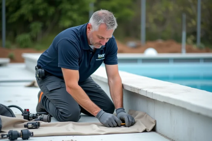 Technicien piscine installant un skimmer automatique en inox sur une piscine haut de gamme en construction avec équipements professionnels
