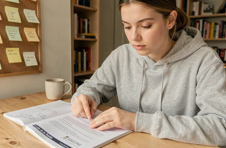 Jeune femme étudiant les 100 questions du code de la route sur un document PDF imprimé à son bureau