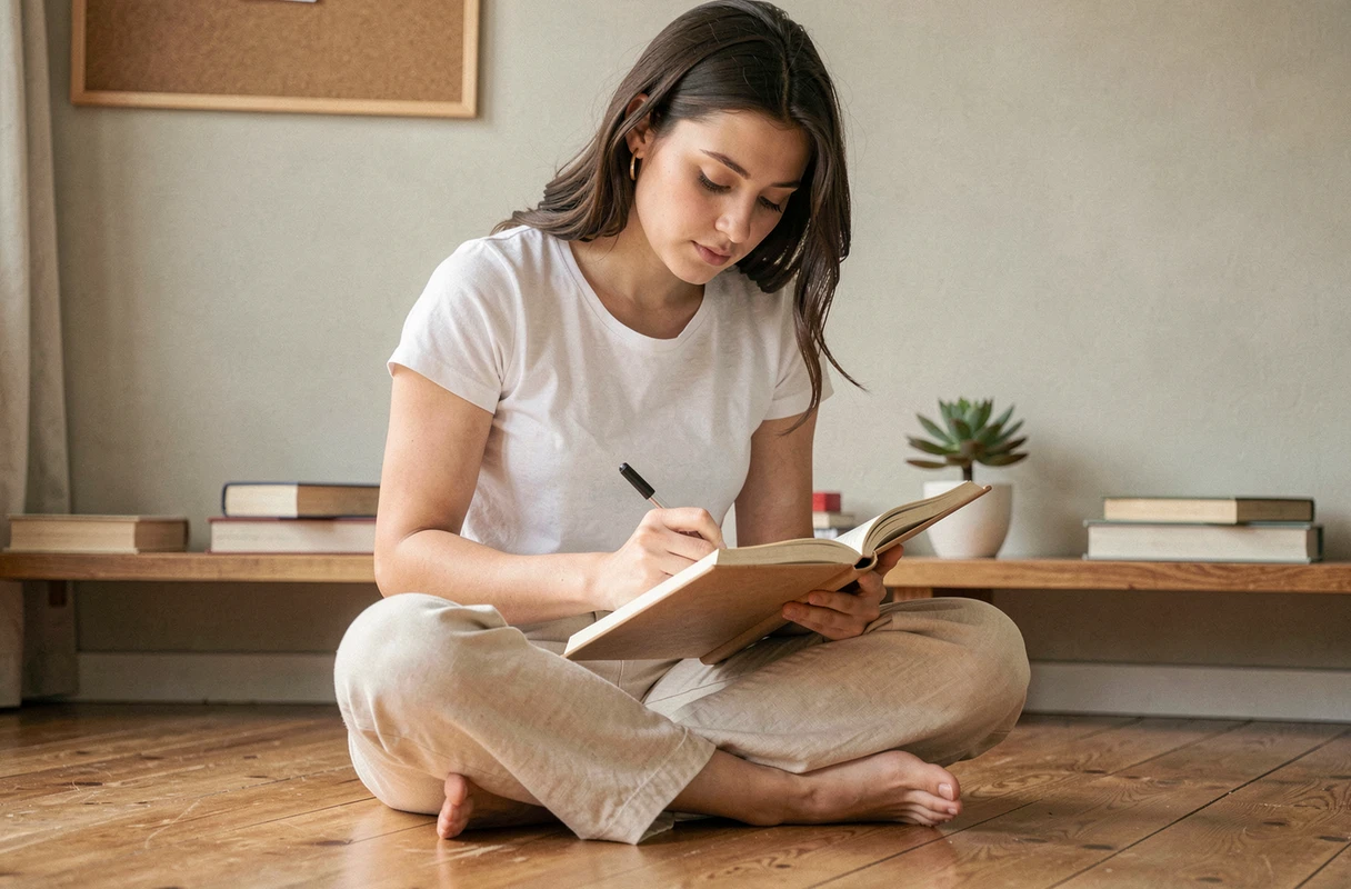 Jeune femme écrivant dans un journal intime pour explorer ses émotions et signes de haut potentiel émotionnel