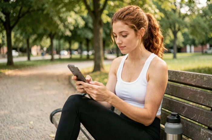 Jeune femme en tenue de sport naviguant sur un site de bien-être depuis son smartphone dans un parc urbain