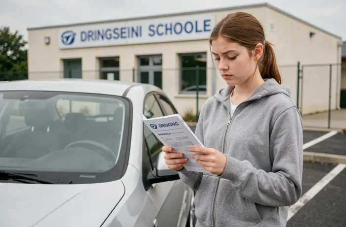 Jeune fille de 16 ans consultant son livret de formation devant une auto-école pour le permis conduite accompagnée