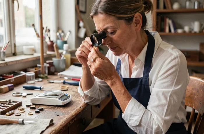 Joaillière examinant une bague Dior en or avec une loupe dans un atelier artisanal parisien, photographie éditoriale réaliste