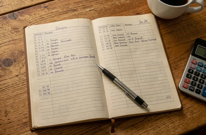 Journal comptable avec écritures manuscrites du compte 515 banque posé sur un bureau en bois