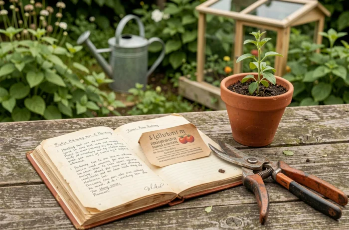 Journal de jardinage, graines et outils posés sur une table en bois dans un jardin d'été