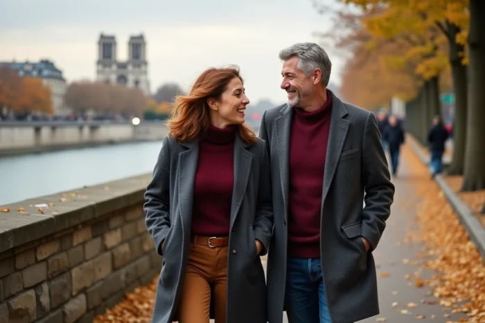 Couple complice se promenant le long des quais de Seine à l'automne à Paris, évoquant la vie amoureuse de Juliette Plumecocq-Mech et son compagnon