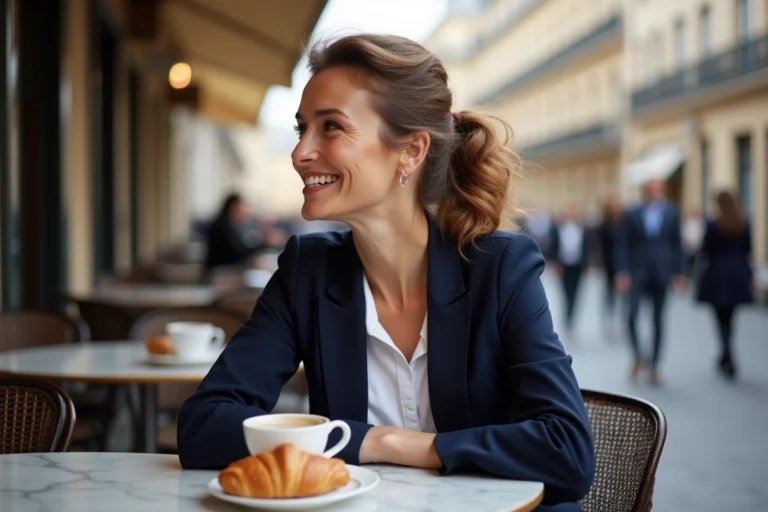 Portrait d'une femme élégante souriante à une terrasse de café parisien, illustrant l'univers de Juliette Plumecocq-Mech