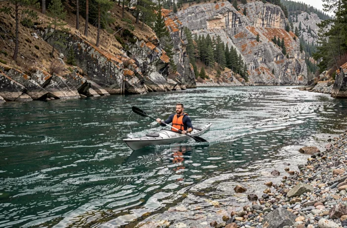 Homme en kayak pagayant sur un fleuve encaissé entre des falaises calcaires et des pins