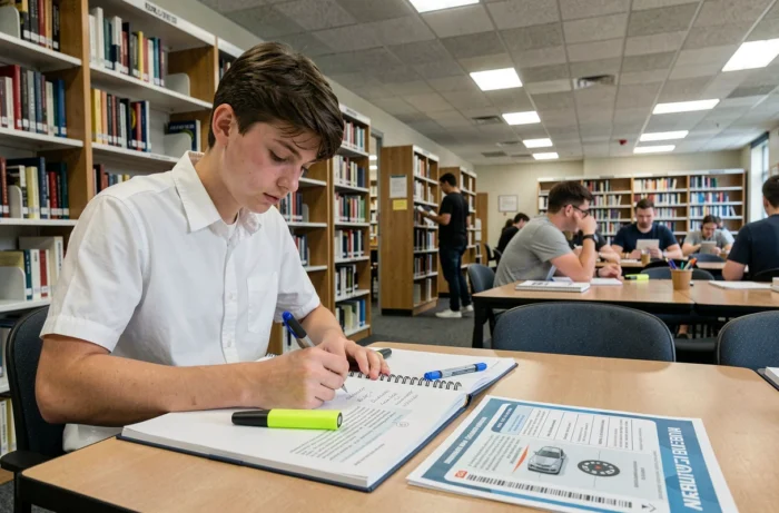 Lycéen prenant des notes structurées à partir d'un guide PDF des 100 questions du permis de conduire en bibliothèque