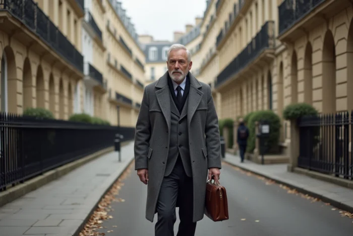 Homme élégant dans la cinquantaine marchant dans une rue parisienne haussmannienne en manteau gris avec une mallette en cuir