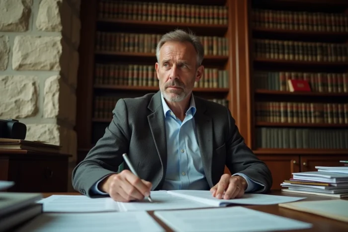 Homme d'affaires expérimenté analysant des documents stratégiques dans un bureau parisien aux murs en pierre, évoquant les prises de position et l'expertise de Marc Warnod