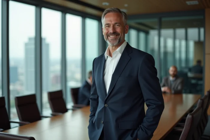 Portrait professionnel d'un homme d'affaires en costume marine dans une salle de réunion moderne, illustrant le parcours et le réseau professionnel de Marc Warnod