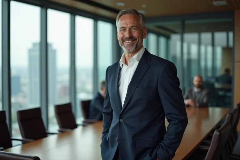 Portrait professionnel d'un homme d'affaires en costume marine dans une salle de réunion moderne, illustrant le parcours et le réseau professionnel de Marc Warnod