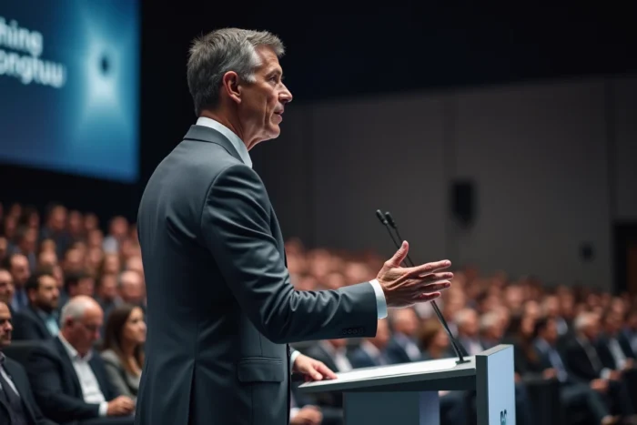 Dirigeant prenant la parole lors d'une conférence professionnelle dans un auditorium contemporain, illustrant les prises de position publiques et le réseau influent de Marc Warnod