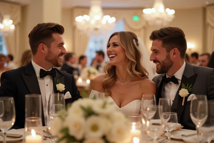 Mariés riant avec une célébrité invitée à leur table de réception lors d'un mariage élégant en salle