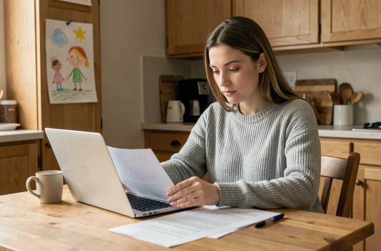 Mère de famille consultant des documents CAF sur son ordinateur portable dans sa cuisine, pour estimer ses droits aux aides familiales