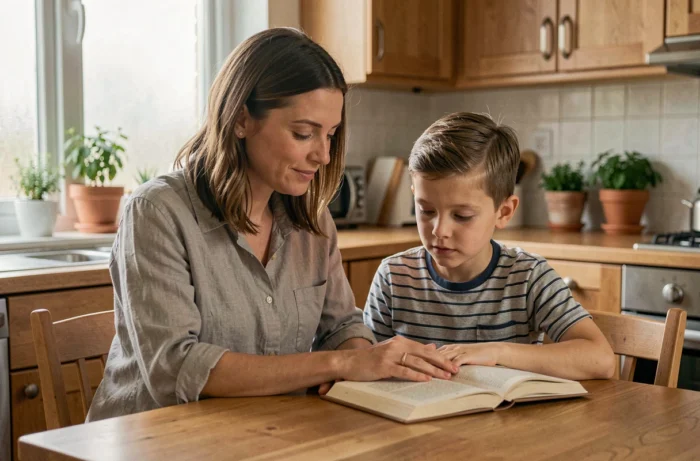 Mère et fils lisant ensemble à la table de cuisine, moment de complicité familiale au quotidien