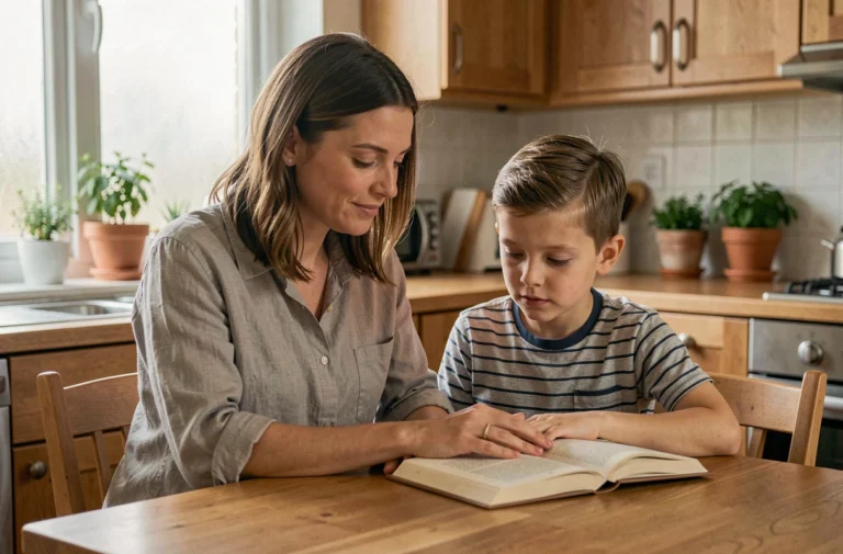 Mère et fils lisant ensemble à la table de cuisine, moment de complicité familiale au quotidien