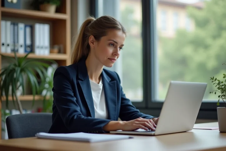 Femme enseignante accédant à la messagerie webmail de l'académie de Créteil sur un ordinateur portable dans un bureau scolaire