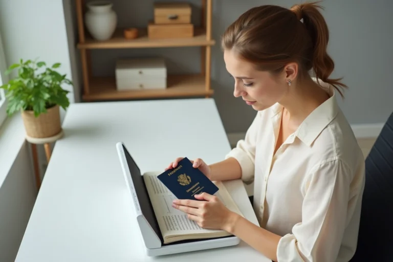 Femme numérisant son passeport sur un scanner à plat dans un bureau à domicile moderne