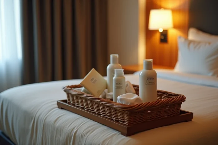 Panier d'articles de toilette offerts par l'hôtel posé sur un porte-bagages près du lit