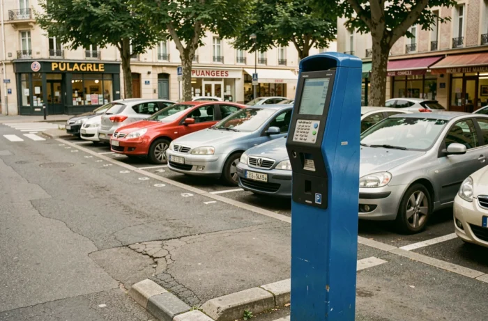 Horodateur de parking en surface dans le centre-ville de Valence avec rangées de voitures garées