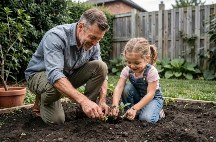 Père et fille jardinent ensemble dans le jardin familial, activité parentale bienveillante en plein air