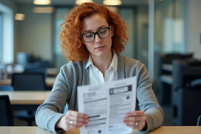 Femme vérifiant une photocopie de passeport imprimée dans un bureau administratif ou une reprographie