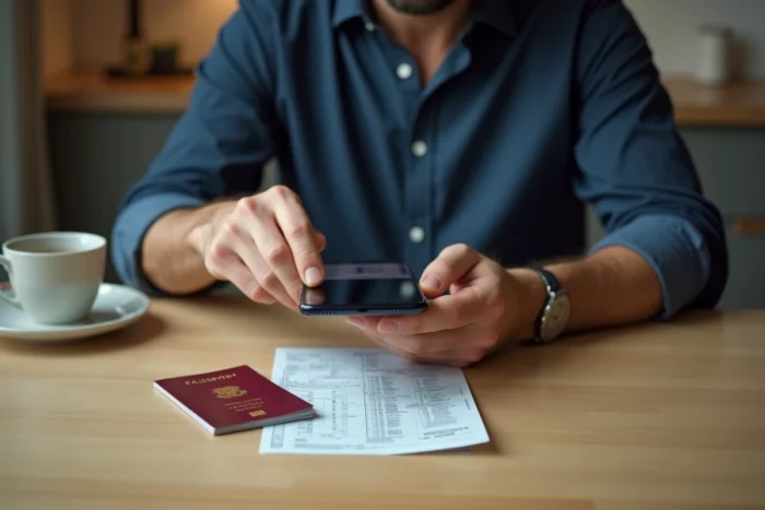 Homme photographiant son passeport avec un smartphone pour une copie numérique administrative