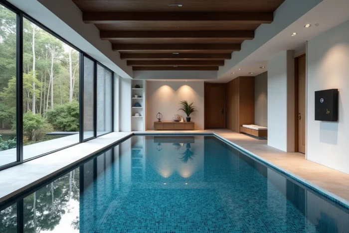 Piscine intérieure de luxe avec carrelage mosaïque bleu profond, mur vitré et panneau domotique dans une maison contemporaine haut de gamme