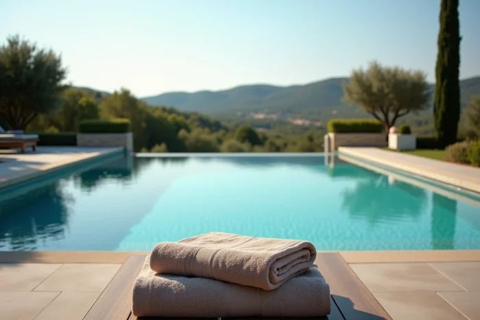 Piscine haut de gamme de 15 mètres avec carrelage en ardoise noire et terrasse en travertin dans une villa de luxe en Provence