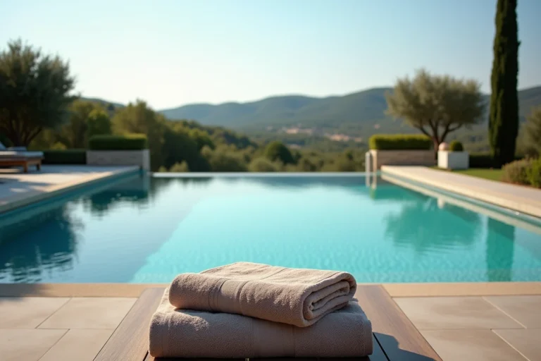 Piscine haut de gamme de 15 mètres avec carrelage en ardoise noire et terrasse en travertin dans une villa de luxe en Provence