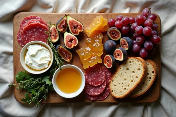 Planche apéritif tendance avec burrata, figues rôties, pain au levain et miel sur planche en chêne