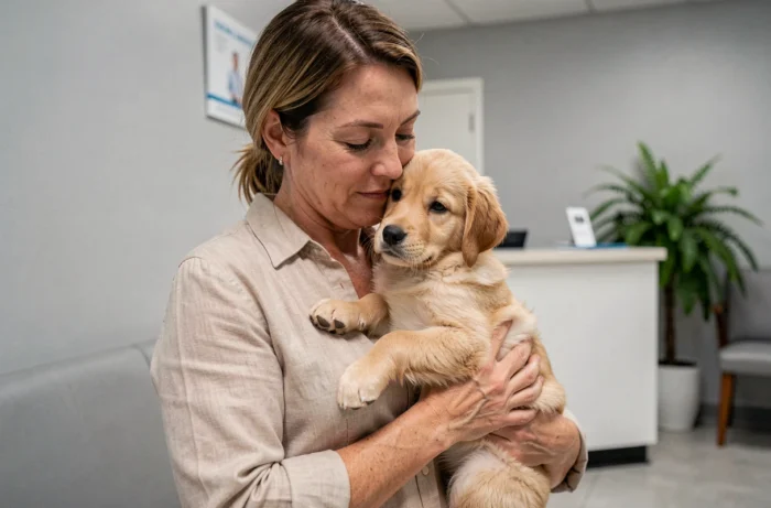 Femme tenant tendrement un chiot golden retriever dans une salle d'attente vétérinaire moderne