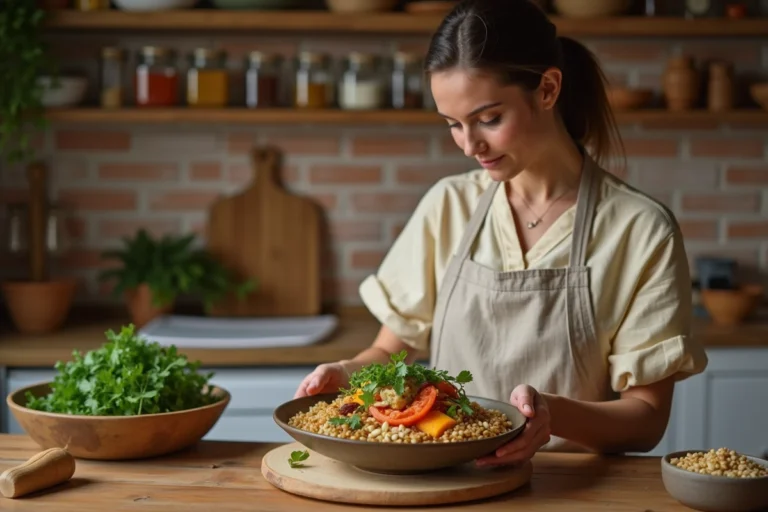 Femme préparant un bowl de légumes rôtis et herbes fraîches dans une cuisine rustique chaleureuse
