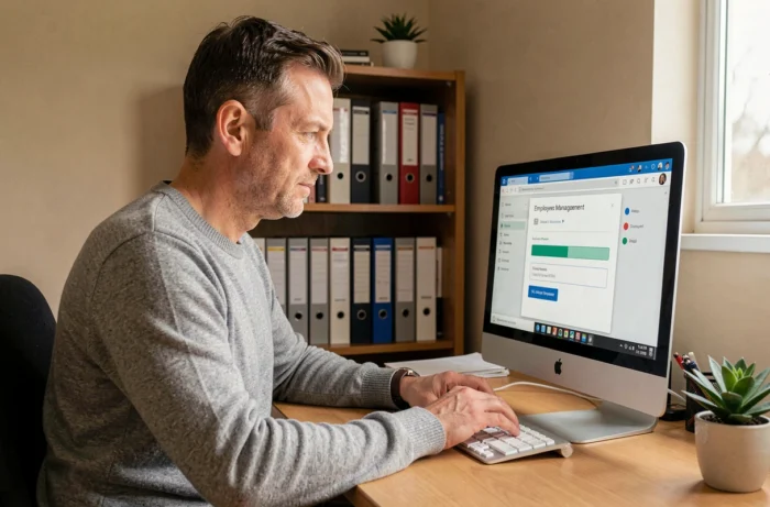 Homme récupérant l'accès à son compte MyPeopleDoc depuis son bureau à domicile