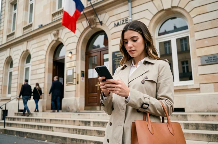 Jeune femme vérifiant son rendez-vous sur smartphone devant une mairie pour retirer sa carte d'identité ou son passeport
