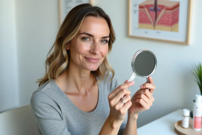 Femme de 38 ans tenant un miroir grossissant dans un cabinet dermatologique, illustrant les résultats visibles du rétinol sur la texture de la peau