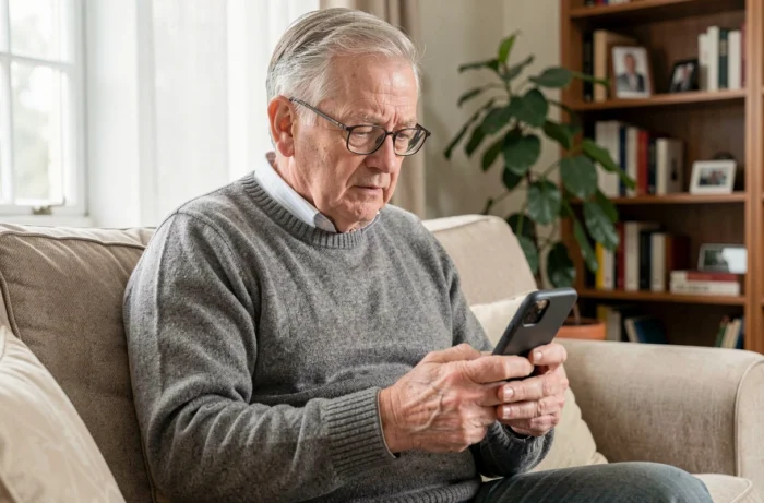 Homme retraité consultant son smartphone pour accéder à sa carte senior SNCF dématérialisée