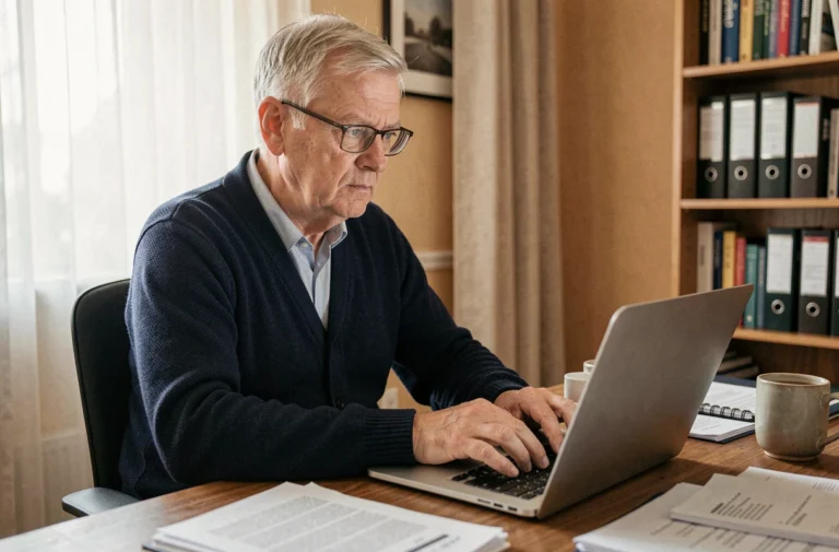 Retraité SNCF récupérant ses identifiants de connexion sur un ordinateur portable à son bureau à domicile