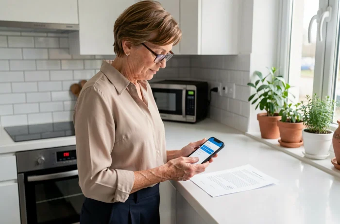 Femme retraitée consultant ses identifiants SNCF sur smartphone avec un courrier officiel en main