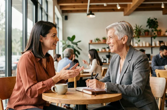 Deux femmes entrepreneures en réunion de travail dans un café, échangeant des conseils d'affaires