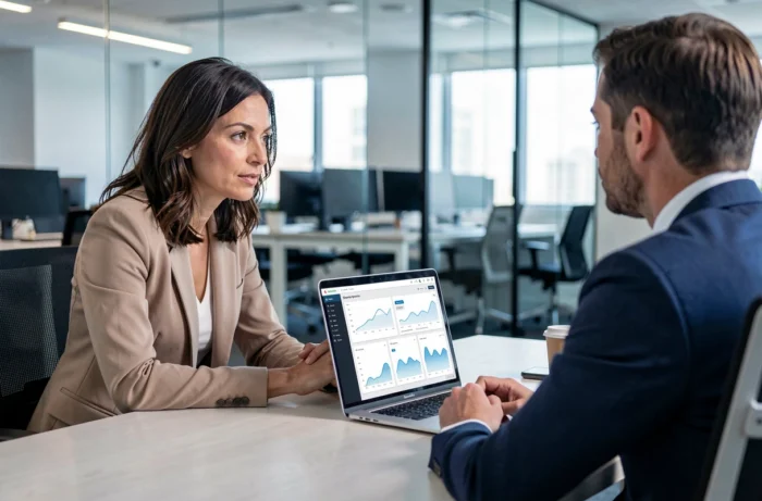 Réunion stratégique entre professionnels autour d'outils numériques pour la transformation digitale