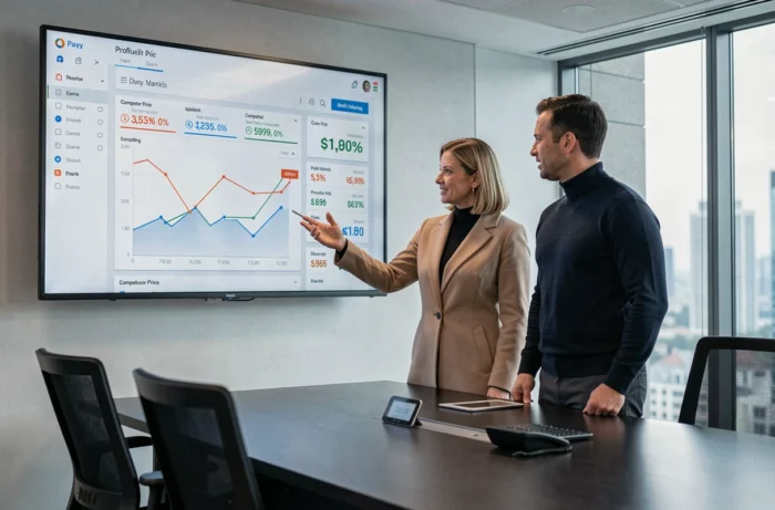 Deux collègues discutant d'une stratégie de prix devant un tableau de bord de tarification numérique en salle de réunion
